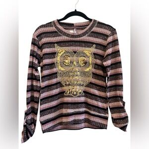 Striped Pink & Black Owl Sequin Pullover - Women's Blouse size medium